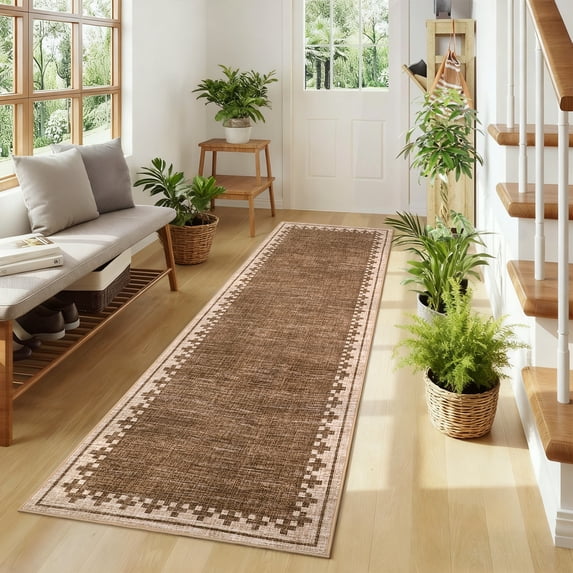 HIWEAVER Modern Geometric Bordered Non Slip Runner Washable 2' x 6' Throw Rug for Hallway Enterway Neutral Indoor Brown Carpet