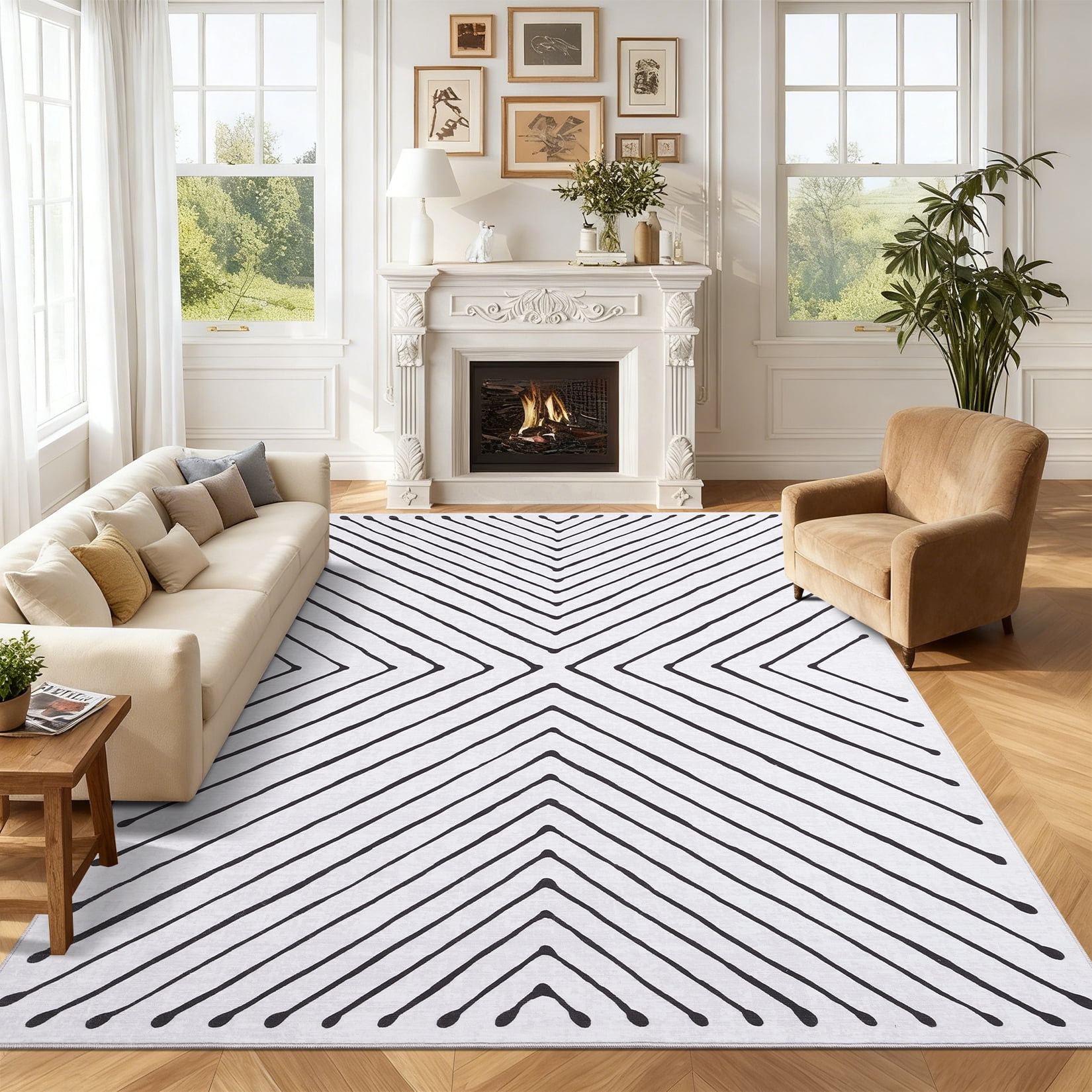 HIWEAVER Modern Geometric Striped Pet Friendly Area Rug for Living Room Washable 5' x 7' Neutral Indoor Decor Carpet, White/Black