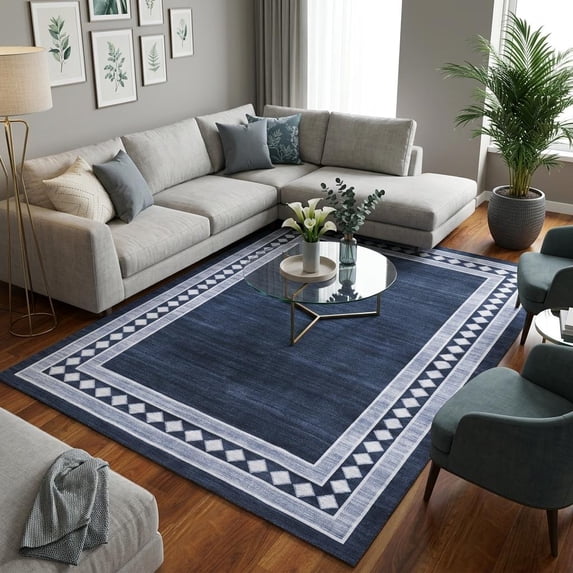 HIWEAVER Navy 10' x 13' Area Rug for Living Room Washable Modern Geometric Bordered Non Slip Non Shedding Neutral Indoor Decor Carpet