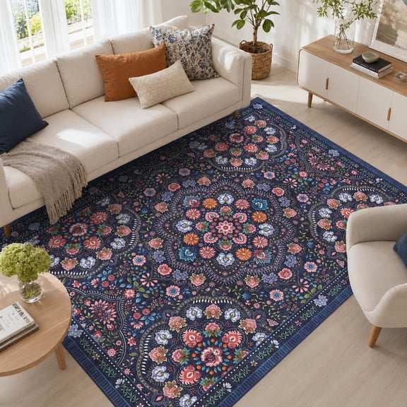 HIWEAVER Navy 10' x 13' Floral Area Rug for Living Room Washable Non Slip Indoor Carpet for Bedroom Decor Low Pile Farmhouse Floor Cover