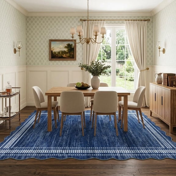 HIWEAVER Navy 10' x 13' Scalloped Washable Area Rug for Living Room Modern Solid Geometric Accent Throw Carpet for Bedroom Non-Slip Floor Cover Room Home Decor