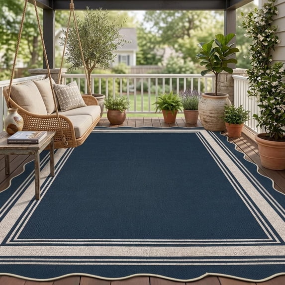 HIWEAVER Navy 10' x 13' Scalloped-edge Easy Jute Area Rug for Living Room Modern Bordered Indoor Outdoor Neutral Carpet for Patios Non Slip Washable Throw Mat for Home Decor