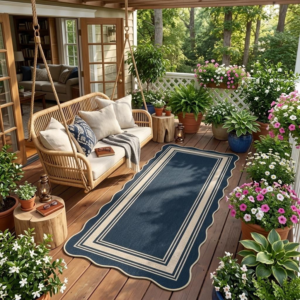 HIWEAVER Navy 2' x 6' Easy Jute Runner for Kitchen Non Slip Stain Resistant Scalloped Indoor Outdoor Throw Carpet Non Shedding Modern Geometric Mat for Hallway Outdoor Patio Rug
