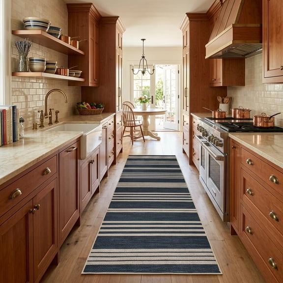 HIWEAVER Navy 2' x 6' Easy Jute Runner for Kitchen Non Slip Stain Resistant Striped Indoor Outdoor Throw Carpet Non Shedding Modern Geometric Mat for Hallway Outdoor Patio Rug