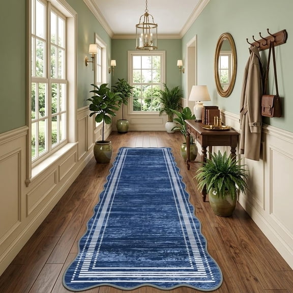 HIWEAVER Navy 2' x 6' Scalloped Washable Runner for Hallway Modern Solid Bordered Carpet for Kitchen Non-Slip Stain Resistant Accent Throw Mat for Dining Room Home Decor