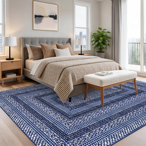 HIWEAVER Navy 5' x 7' Area Rug for Living Room Bordered Digital Printed Indoor Throw Carpet for Home Decor