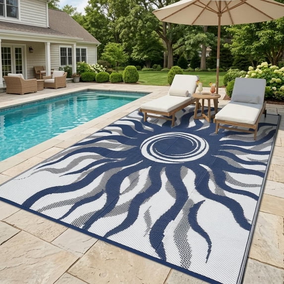 HIWEAVER Navy 8'x 10' Outdoor Rug Garden Decor Abstract Sun Pattern Carpet Plastic Straw Waterproof Reversible Patio Area Rug for Balcony Deck Picnic Portable Camping Mat