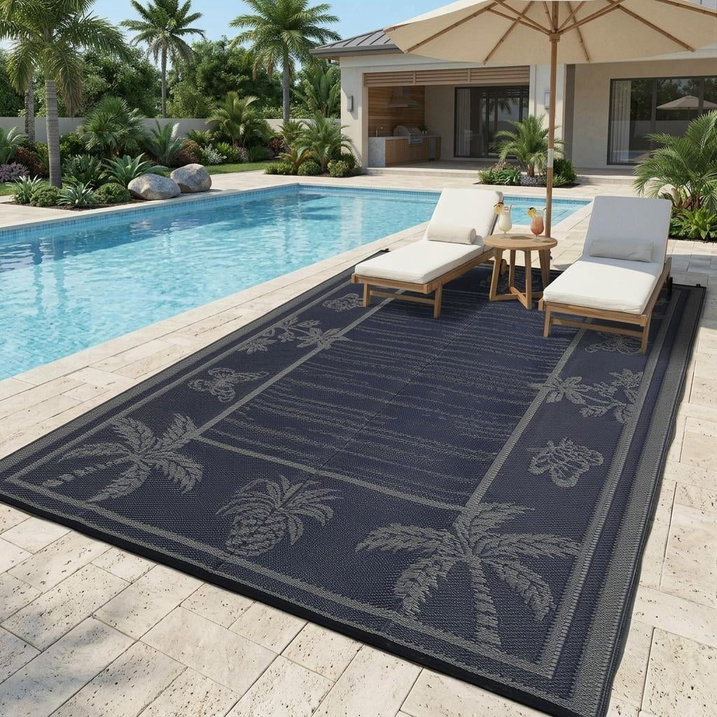 HIWEAVER Navy 9'x 12' Outdoor Rug Garden Decor Floral Bordered Carpet Plastic Straw Waterproof Reversible Patio Area Rug for Balcony Deck Picnic Portable Camping Mat