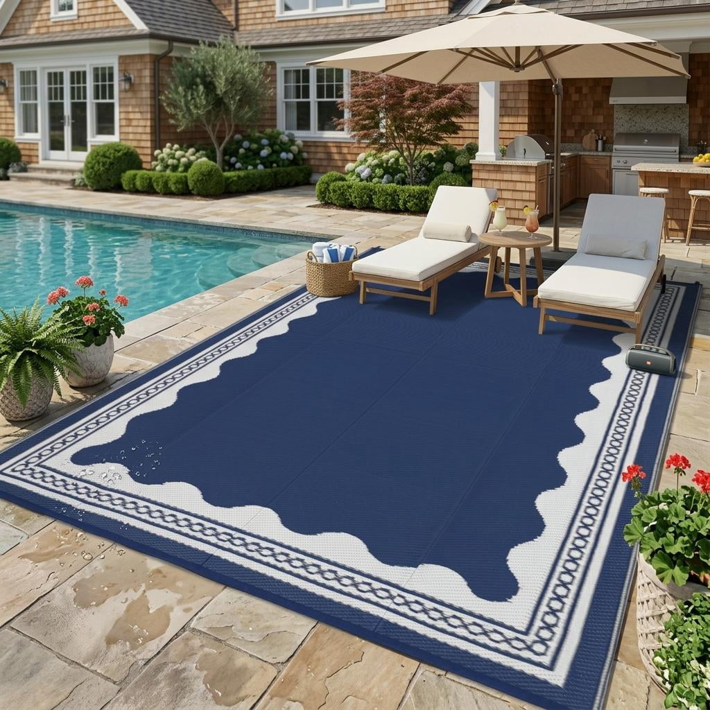 HIWEAVER Navy 9'x 12' Outdoor Rug Garden Decor Scolloped Bordered Carpet Plastic Straw Waterproof Reversible Patio Area Rug for Balcony Deck Picnic Portable Camping Mat