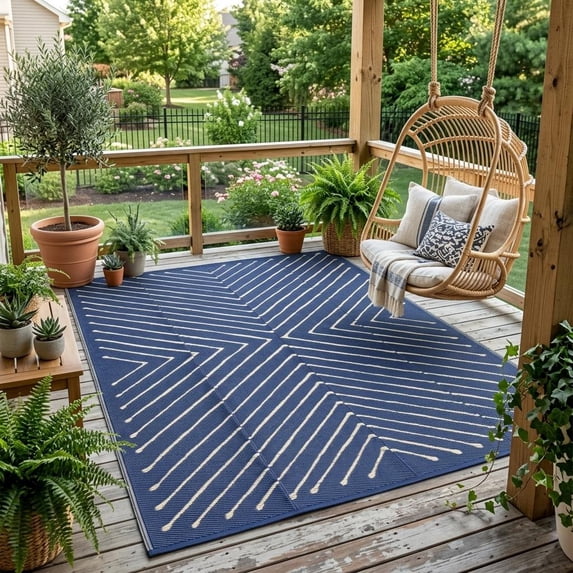 HIWEAVER Navy/White 5' x 8' Outdoor Rug PP Plastic Straw Woven Waterproof Patio Rug with Striped Pattern Portable Outside Carpet for Balcony Deck Picnic Garden Decor
