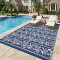 thumbnail image 1 of HIWEAVER Navy/White 8'x 10' Outdoor Rug Garden Decor Geometric Floral Carpet Plastic Straw Waterproof Reversible Patio Area Rug for Balcony Deck Picnic Portable Camping Mat, 1 of 8