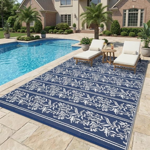 HIWEAVER Navy/White 8'x 10' Outdoor Rug Garden Decor Geometric Floral Carpet Plastic Straw Waterproof Reversible Patio Area Rug for Balcony Deck Picnic Portable Camping Mat