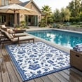 thumbnail image 1 of HIWEAVER Navy/White 9'x 12' Outdoor Rug Garden Decor Scalloped Bordered Floral Carpet Plastic Straw Waterproof Reversible Patio Area Rug for Balcony Deck Picnic Portable Camping Mat, 1 of 6