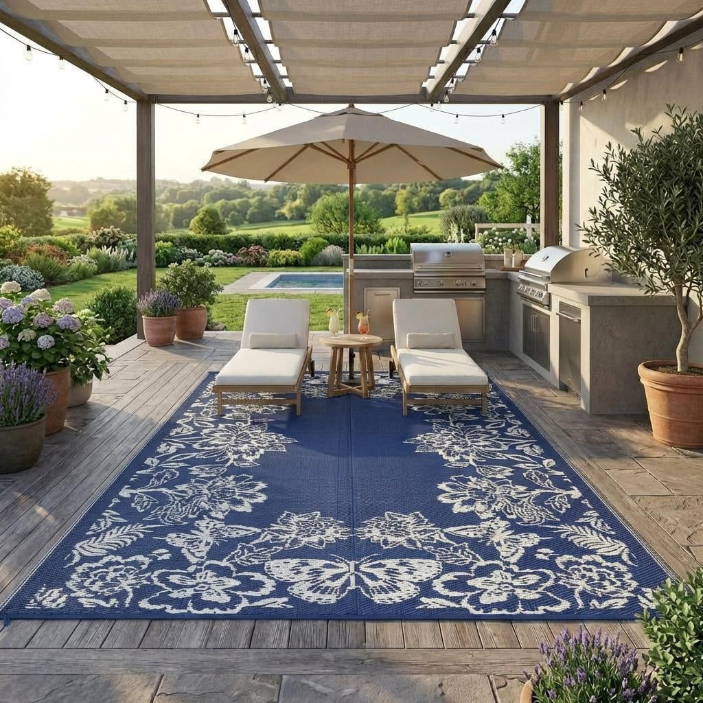 HIWEAVER Navy/White 9'x 12' Outdoor Rug PP Plastic Straw Woven Waterproof Patio Rug with Floral Border Portable Outside Carpet for Balcony Deck Picnic Garden Decor