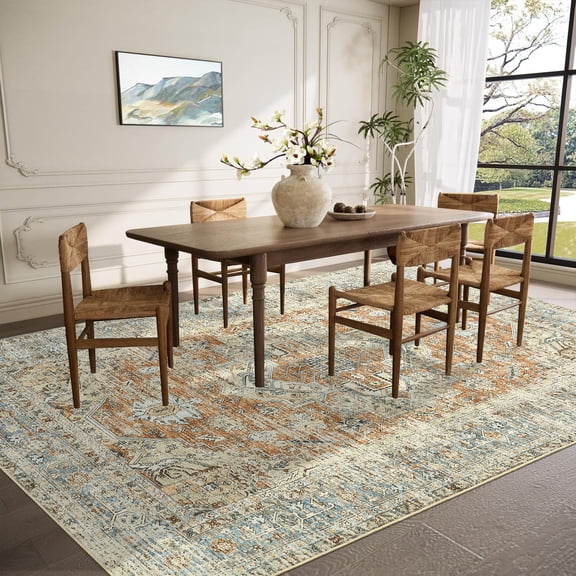 HIWEAVER Orange 4′ x 6′ Distressed Floral Vintage Area Rug for Living Room Washable Non Slip Indoor Carpet for Bedroom Decor