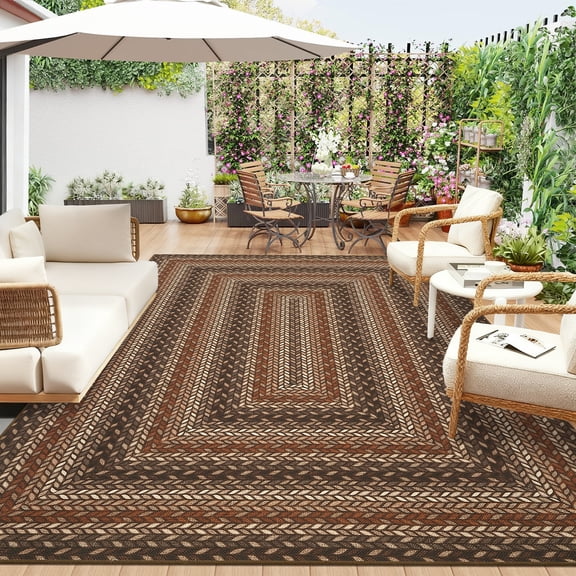 HIWEAVER Orange Brown 5' x 7' Washable Modern Outdoor Area Rug for Patios Non-slip Soft Neutral Scalloped Bordered Pattern Indoor Throw Carpet for Living Room Bedroom Decor
