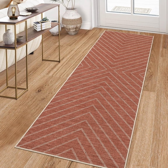 HIWEAVER Orange Red 2' x 6' Modern Geometric Easy Jute Runner for Bathroom Washable Striped Print Indoor Outdoor Carpet Non-Slip Stain-Resistant Kitchen Throw Mat Low Pile Patio Rug Decor