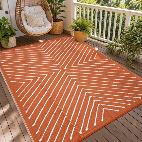 HIWEAVER Orange Red 8' x 10' Outdoor Rug PP Plastic Straw Woven Waterproof Patio Rug with Striped Pattern Portable Outside Carpet for Balcony Deck Picnic Garden Decor