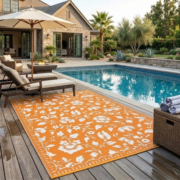 HIWEAVER Orange/White 5'x 8' Outdoor Rug Garden Decor Scalloped Bordered Floral Carpet Plastic Straw Waterproof Reversible Patio Area Rug for Balcony Deck Picnic Portable Camping Mat