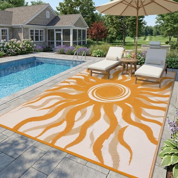HIWEAVER Orange/White 8'x 10' Outdoor Rug Garden Decor Abstract Sun Pattern Carpet Plastic Straw Waterproof Reversible Patio Area Rug for Balcony Deck Picnic Portable Camping Mat