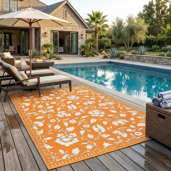 HIWEAVER Orange/White 9'x 12' Outdoor Rug Garden Decor Scalloped Bordered Floral Carpet Plastic Straw Waterproof Reversible Patio Area Rug for Balcony Deck Picnic Portable Camping Mat