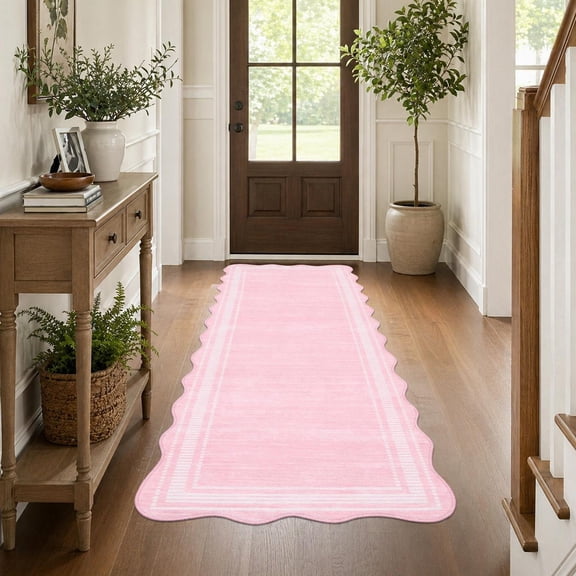 HIWEAVER Pink 2' x 6' Scalloped Washable Runner for Hallway Modern Solid Bordered Carpet for Kitchen Non-Slip Stain Resistant Accent Throw Mat for Dining Room Home Decor