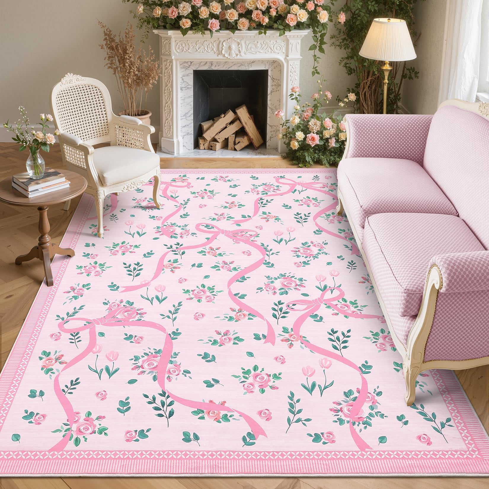 HIWEAVER Pink 5' x 7' Floral Area Rug for Living Room Washable Bordered ...