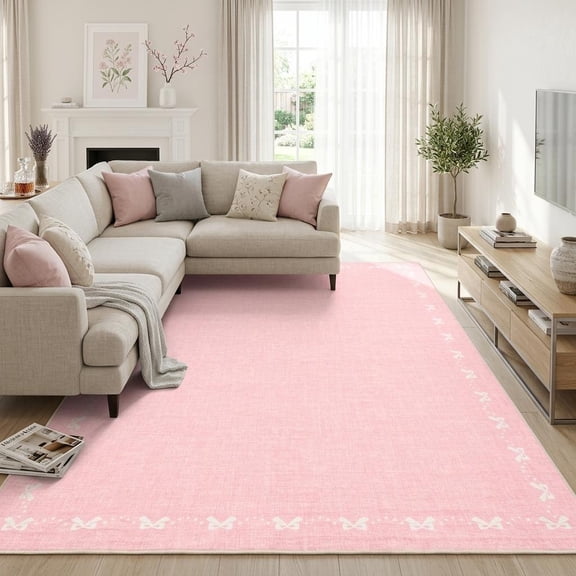 HIWEAVER Pink 8' x 10' Washable Bow Scalloped Bordered Pattern Area Rug for Living Room Modern Non-Slip Indoor Throw Carpet Non-Shedding for Bedroom Home Decor
