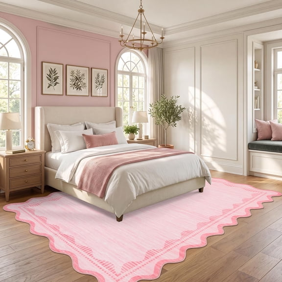 HIWEAVER Pink 9' x 12' Scalloped Washable Area Rug for Living Room Modern Solid Geometric Accent Throw Carpet for Bedroom Non-Slip Floor Cover Room Home Decor