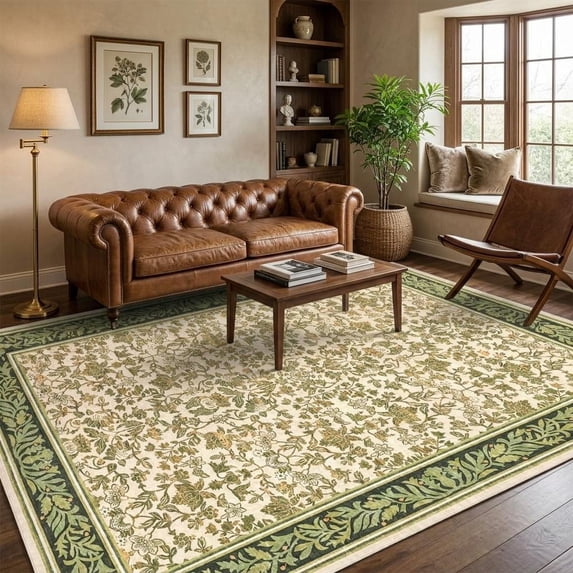 HIWEAVER Pink/Green 8' x 10' Distressed Floral Vintage Area Rug for Living Room Washable Non Slip Indoor Carpet for Bedroom Decor Low Pile Farmhouse Floor Cover