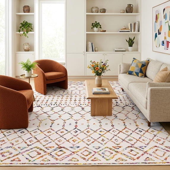 Pink Rug Room HIWEAVER Pink/White 8' x 10' Modern Washable Boho Geometric Neutral ...