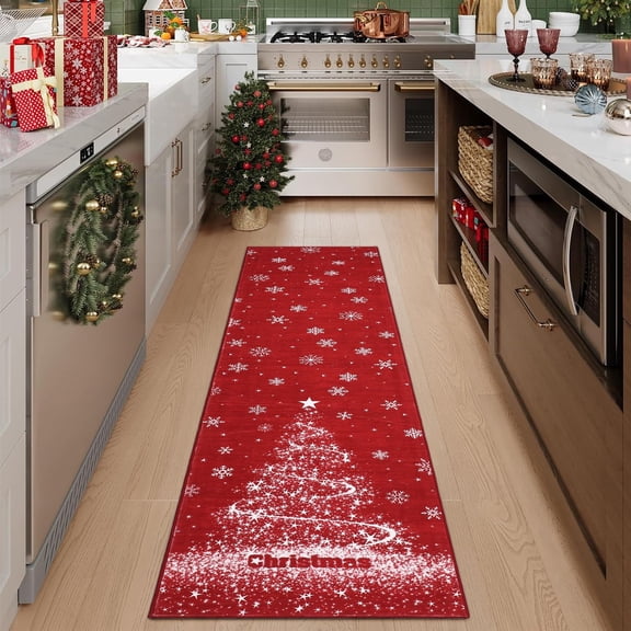 HIWEAVER Red 2' x 10' Washable Christmas Tree Runner Rug for Hallway Indoor Carpet Modern Non-Slip Xmas Snowflake Home Decor
