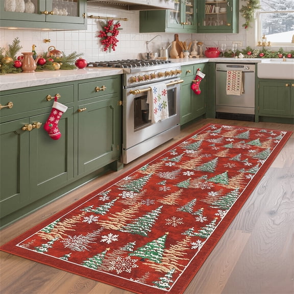 HIWEAVER Red 2' x 6' Washable Christmas Tree Runner Rug for Kitchen Indoor Carpet Modern Non-Slip Xmas Snowflake Home Decor