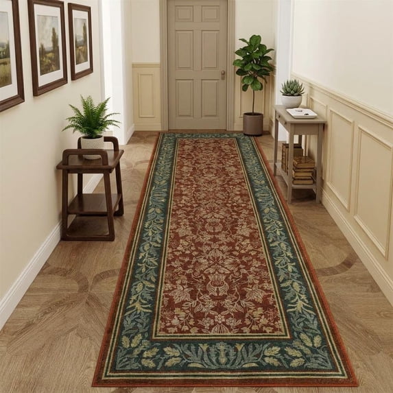 HIWEAVER Red 2' x 6' Washable Distressed Floral Vintage Runner for Kitchen Indoor Throw Carpet Non-Slip Foldable Doormat for Hallway Farmhouse Dorm Home Decor