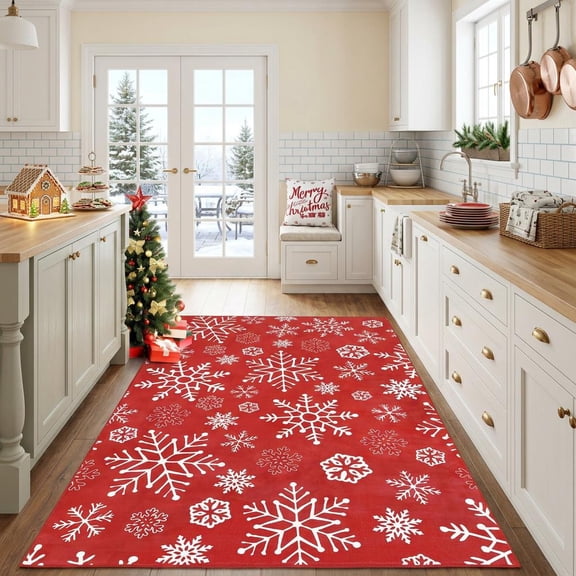 HIWEAVER Red 3' x 5' Washable Christmas Area Rug for Living Room Indoor Carpet Modern Non-Slip Xmas Snowflake Home Decor