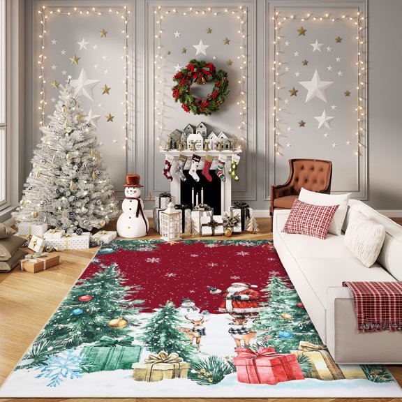 HIWEAVER Red 4' x 6' Washable Christmas Tree Area Rug for Living Room Indoor Carpet Modern Non-Slip Xmas Snowman Home Decor