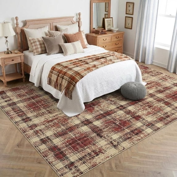 HIWEAVER Red 6' x 9' Distressed Neutral Plaid Area Rug for Living Room Washable Non Slip Modern Checked Indoor Carpet for Bedroom Decor Low Pile Farmhouse Floor Cover