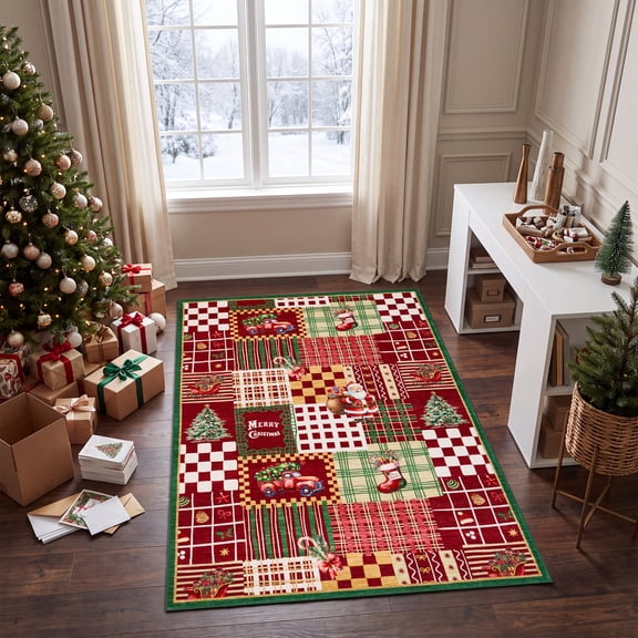HIWEAVER Red 8' x 10' Washable Patchwork Christmas Tree Area Rug for Living Room Indoor Carpet Modern Non-Slip Xmas Snowmen Home Decor