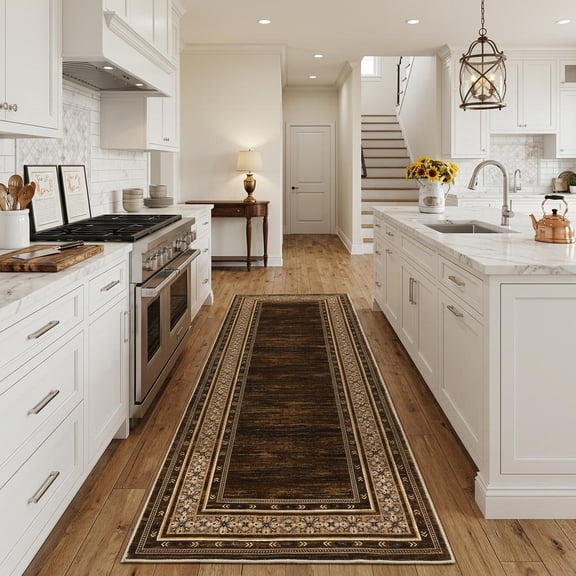 HIWEAVER Red Brown 2' x 6' Washable Floral Bordered Runner for Kitchen Geometric Indoor Throw Carpet ​Modern Non-Slip Foldable Doormat for Hallway Farmhouse Dorm Home Decor