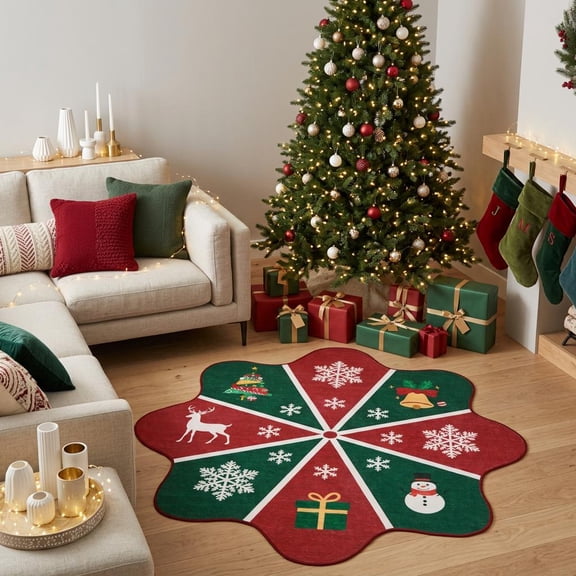 HIWEAVER Red/Green 4' x 4' Washable Scalloped Boho Christmas Tree Area Rug for Living Room Indoor Carpet Modern Non-Slip Xmas Snowmen Home Decor
