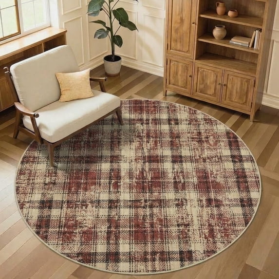 HIWEAVER Red Round 5' x 5' Distressed Neutral Plaid Area Rug for Living Room Washable Non Slip Modern Checked Indoor Carpet for Bedroom Decor Low Pile Farmhouse Floor Cover