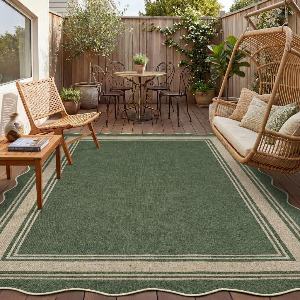 HIWEAVER Sage Green 10' x 13' Scalloped-edge Easy Jute Area Rug for Living Room Modern Bordered Indoor Outdoor Neutral Carpet for Patios Non Slip Washable Throw Mat for Home Decor