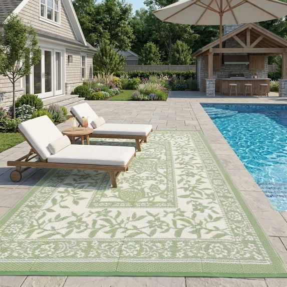 HIWEAVER Sage Green 10'x 14' Outdoor Rug Garden Decor Abstract Sun Pattern Carpet Plastic Straw Waterproof Reversible Patio Area Rug for Balcony Deck Picnic Portable Camping Mat