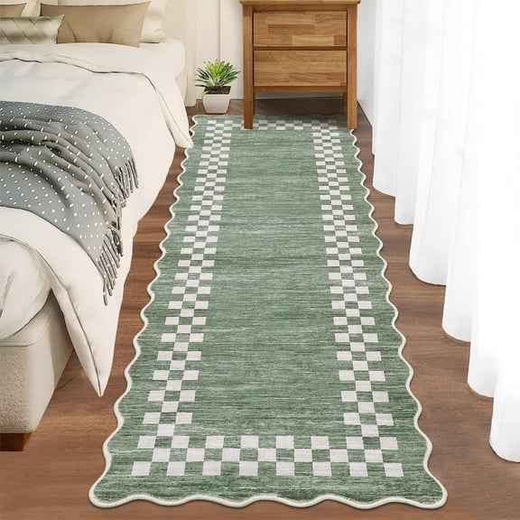 HIWEAVER Sage Green 2′ x 6′ Scalloped Washable Runner Rug for Kitchen Modern Bordered Geometric Accent Throw Carpet for Bedroom Non-Slip Floor Cover Room Home Decor
