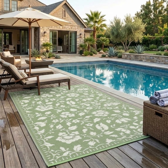 HIWEAVER Sage Green 5'x 8' Outdoor Rug Garden Decor Scalloped Bordered Floral Carpet Plastic Straw Waterproof Reversible Patio Area Rug for Balcony Deck Picnic Portable Camping Mat