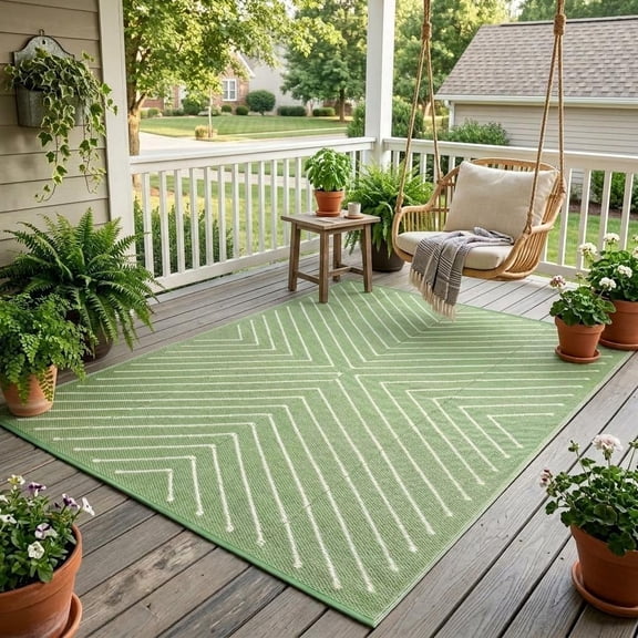 HIWEAVER Sage Green 6' x 9' Outdoor Rug PP Plastic Straw Woven Waterproof Patio Rug with Striped Pattern Portable Outside Carpet for Balcony Deck Picnic Garden Decor
