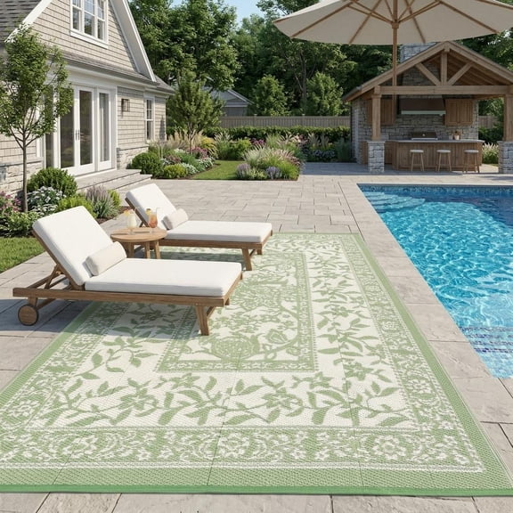 HIWEAVER Sage Green 8'x 10' Outdoor Rug Garden Decor Abstract Sun Pattern Carpet Plastic Straw Waterproof Reversible Patio Area Rug for Balcony Deck Picnic Portable Camping Mat