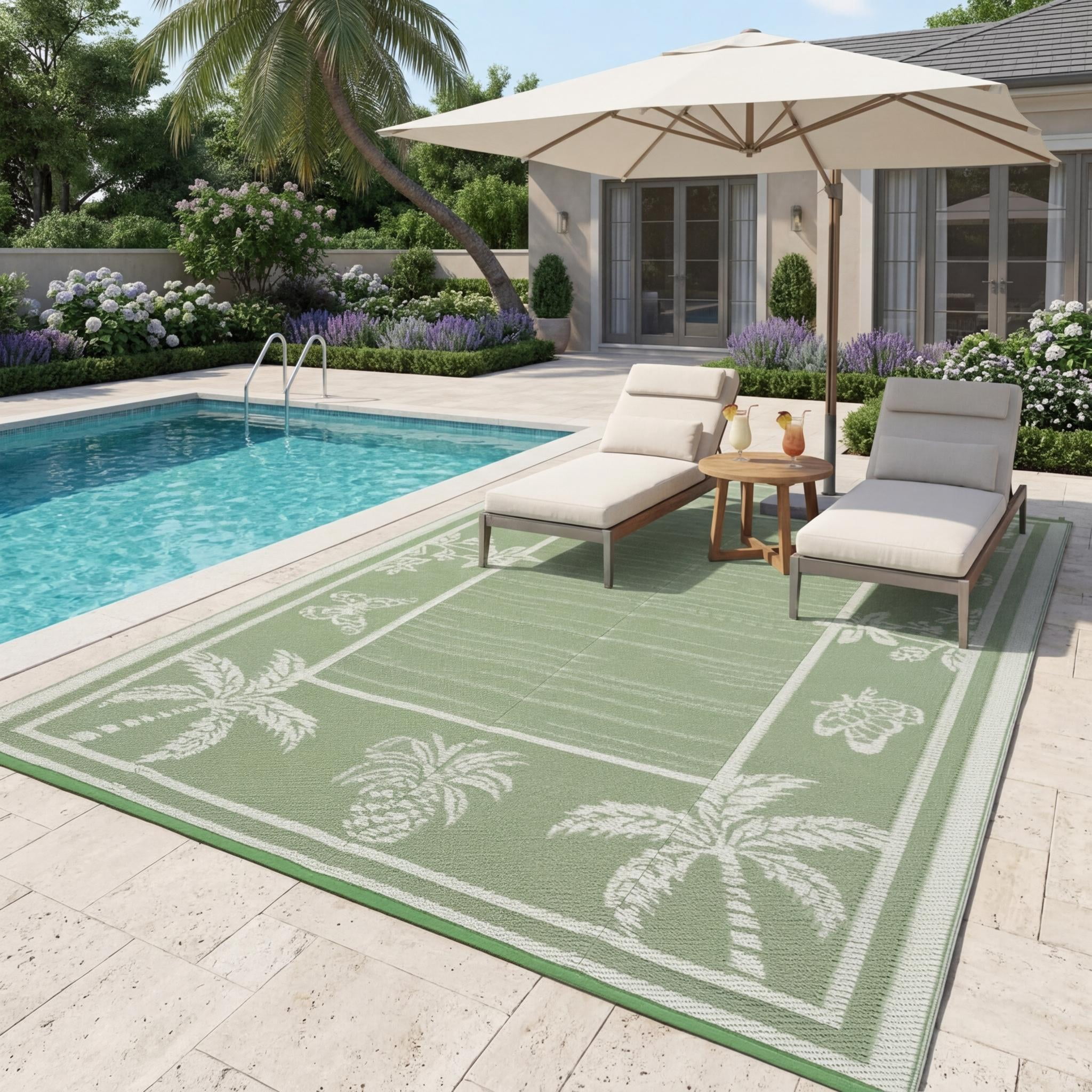 HIWEAVER Sage Green 8'x 10' Outdoor Rug Garden Decor Floral Bordered Carpet Plastic Straw Waterproof Reversible Patio Area Rug for Balcony Deck Picnic Portable Camping Mat