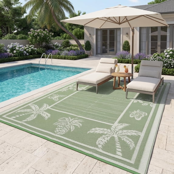 HIWEAVER Sage Green 8'x 10' Outdoor Rug Garden Decor Floral Bordered Carpet Plastic Straw Waterproof Reversible Patio Area Rug for Balcony Deck Picnic Portable Camping Mat