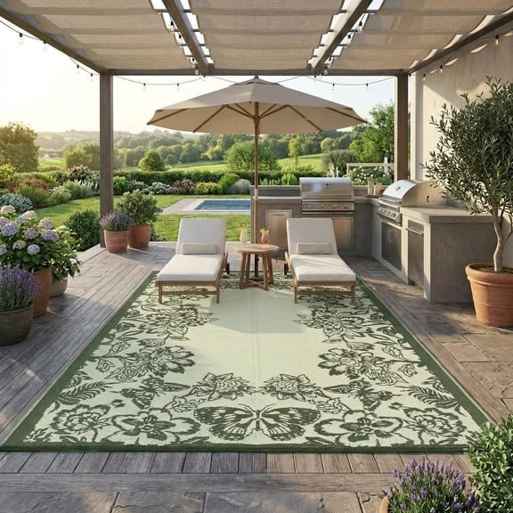 HIWEAVER Sage Green 9'x 18' Outdoor Rug PP Plastic Straw Woven Waterproof Patio Rug with Floral Border Portable Outside Carpet for Balcony Deck Picnic Garden Decor